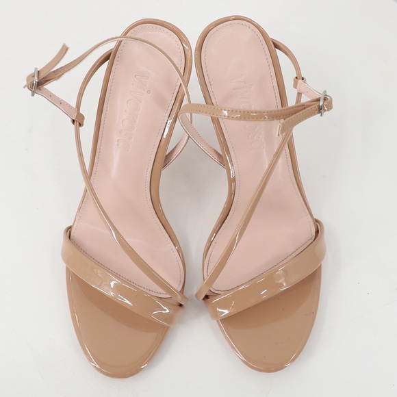 Women’s Barely There High Heel Stiletto Sandals in Nude Faux Patent Leather - Picture 9 of 11